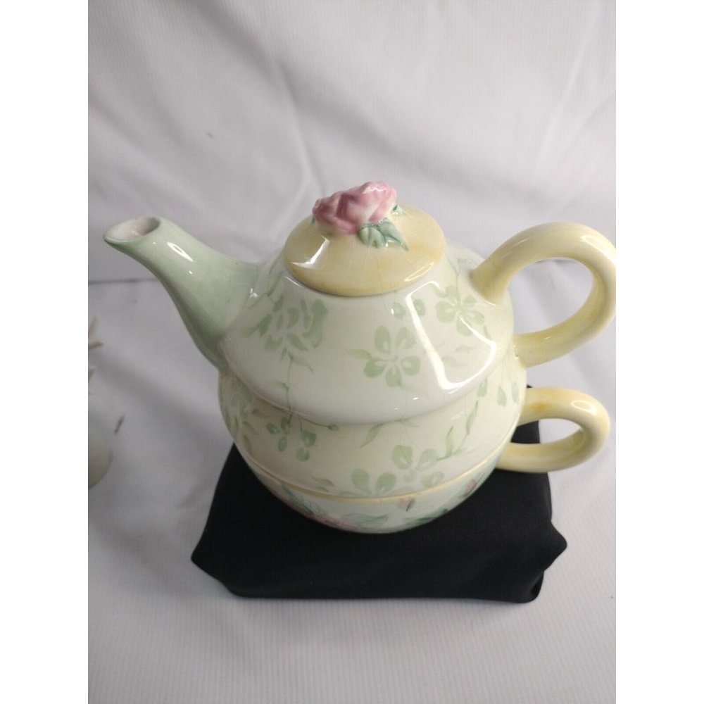 Capriware Ceramic Teapot With Cup Floral Hand Painted Tiny chip, crazings